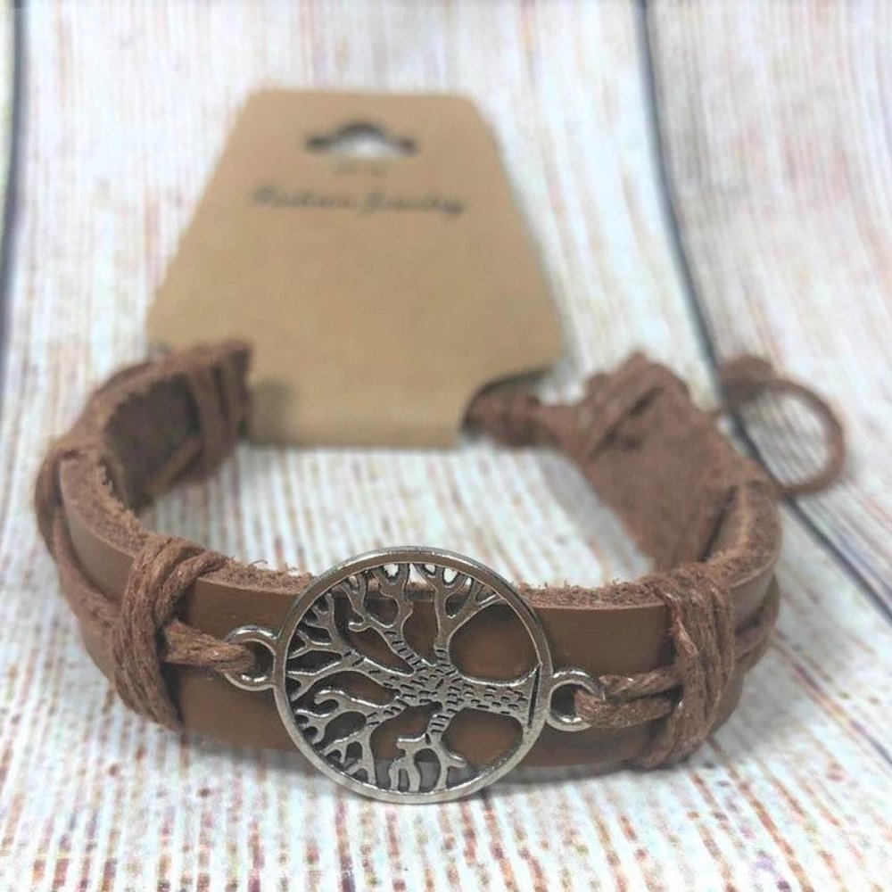 Unisex Genuine Tan Leather Urban Bracelet with Silver Tree of Life